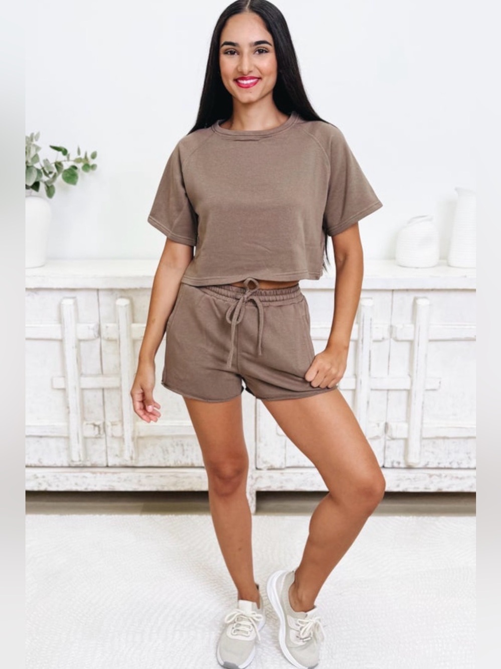 NEW Women's Taupe Cropped Tee - Casual Short Sleeve Crop Top & Shorts
